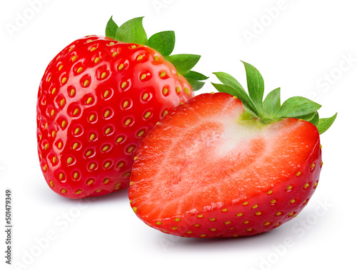 Strawberries isolated. Strawberry whole and half on white. Side view. Full depth of field. With clipping path.