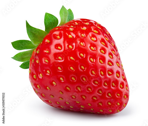 Strawberry isolated. Whole strawberry with leaf on white background. Perfect retouched berry with clipping path.  Full depth of field.