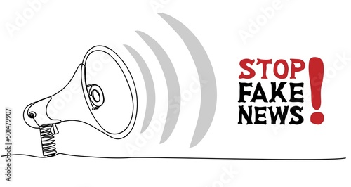 Continuous one line drawing of shouting megaphone calling out the STOP FAKE NEWS. Minimalist linear design. Concept of misinformation in the media. Trendy vector illustration