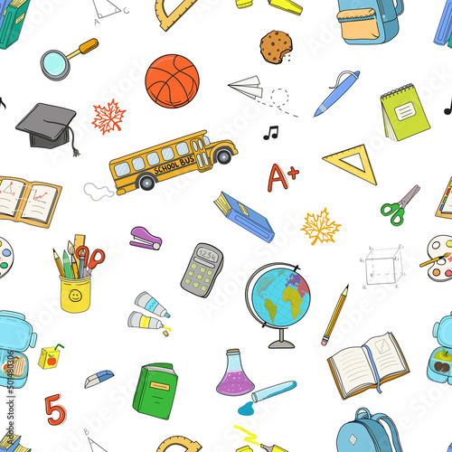 School objects and supplies seamless pattern. Back to school hand drawn elements. Vector illustration 