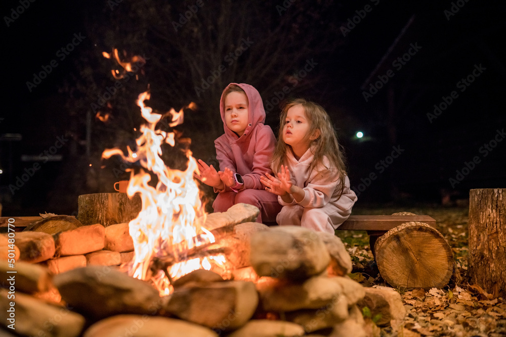 Children learning the basics of building campfire. Girls warming their hands by the bonfire. Exciting camping activities for kids Children learning the basics of building campfire. Girls warming their hands by the bonfire. Exciting camping activities for kids