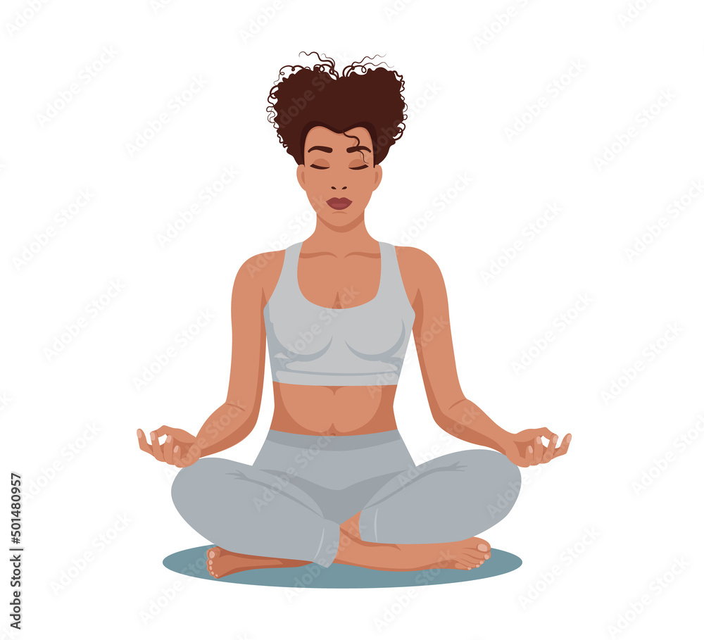 Dark-skinned african american girl doing yoga sitting in the lotus position. Vector isolated illustration for posters, banners Dark-skinned african american girl doing yoga sitting in the lotus position. Vector isolated illustration for posters, banners