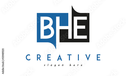 BHE Square Framed Letter Logo Design Vector with Black and Blue Colors