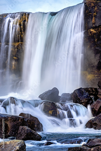 Oxarafoss, or the waterfall in the Ax River, in the Thingvellir national park, Iceland.