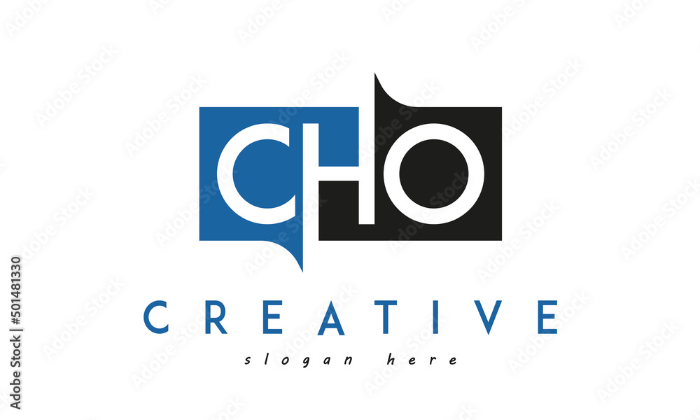 CHO Square Framed Letter Logo Design Vector with Black and Blue Colors