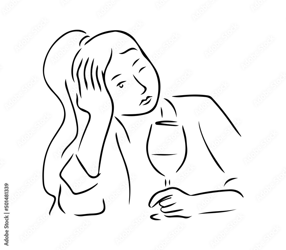 Female alcoholism concept. A sad girl sits with a glass of wine in her hand. Vector illustration in sketch style. Female alcoholism concept. A sad girl sits with a glass of wine in her hand. Vector illustration in sketch style.