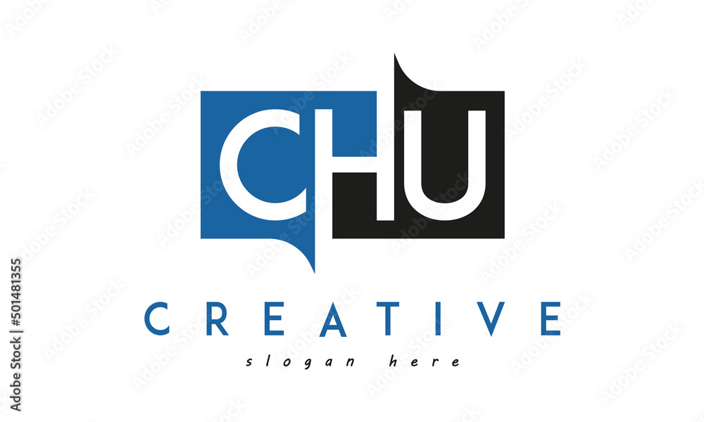 CHU Square Framed Letter Logo Design Vector with Black and Blue Colors CHU Square Framed Letter Logo Design Vector with Black and Blue Colors