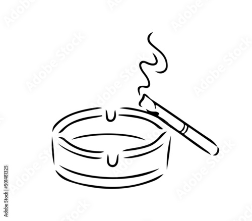 Ashtray with a smoking cigarette. Cigarette butt in ashtray icon isolated on white background. Vector illustration in a minimalistic sketch style. Smoking concept