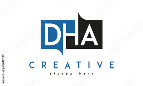 DHA Square Framed Letter Logo Design Vector with Black and Blue Colors