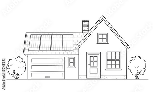 Classic family house with solar panel - stock outline illustration of a building