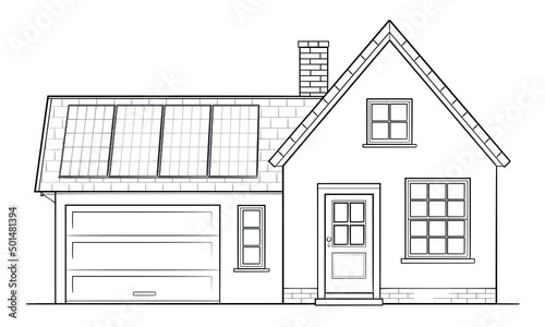 Classic family house with solar panel - stock outline illustration of a building
