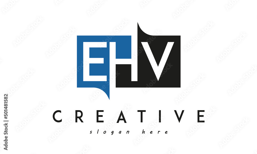 EHV Square Framed Letter Logo Design Vector with Black and Blue Colors EHV Square Framed Letter Logo Design Vector with Black and Blue Colors