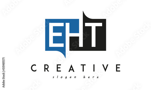 EHT Square Framed Letter Logo Design Vector with Black and Blue Colors
