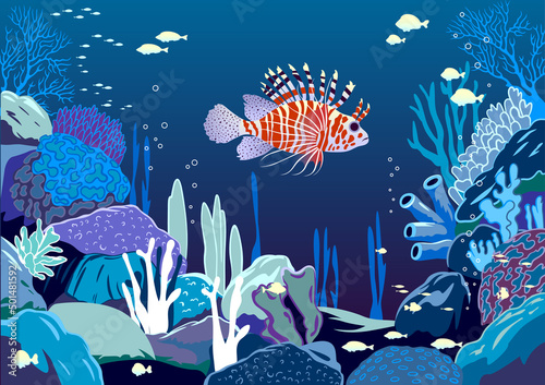 Billede på lærred Detailed vector illustration of an underwater coral reef with fishes, algae and colorful corals in the background