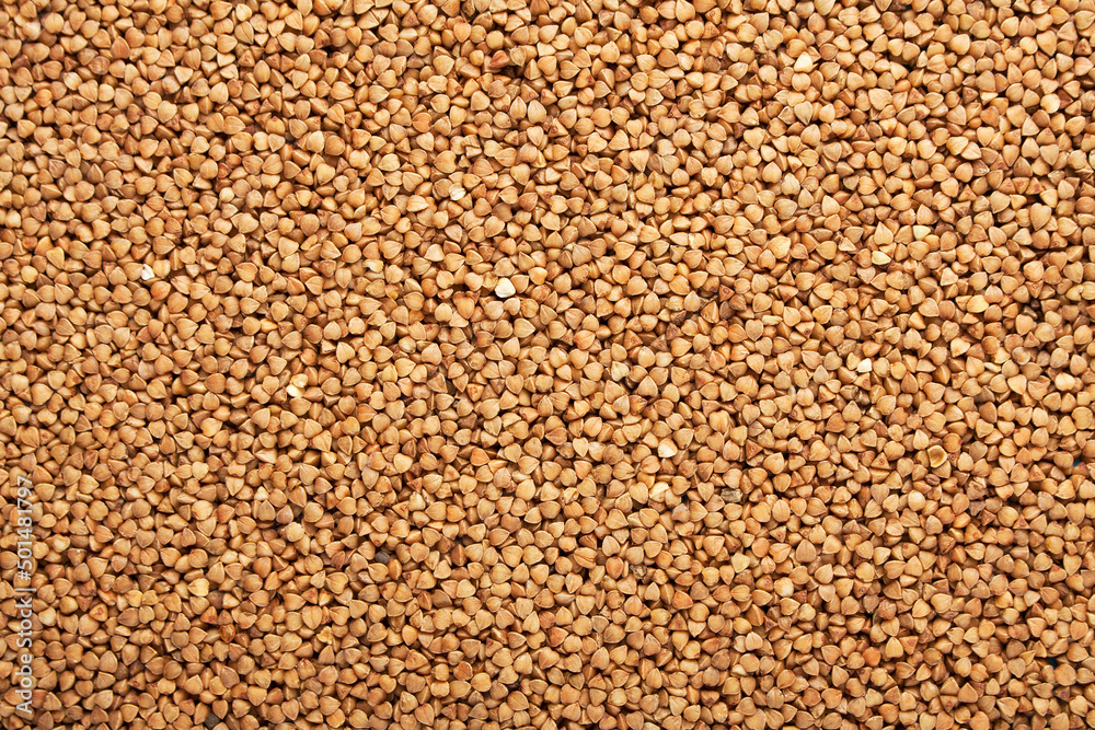 Raw buckwheat background. Close up image of buckwheat.