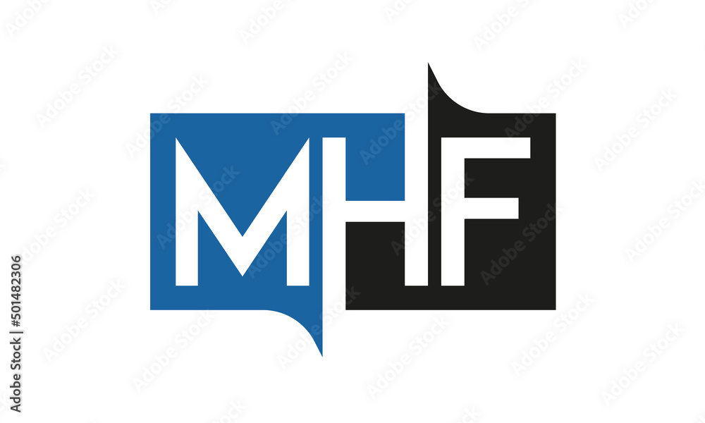 MHF Square Framed Letter Logo Design Vector with Black and Blue Colors MHF Square Framed Letter Logo Design Vector with Black and Blue Colors