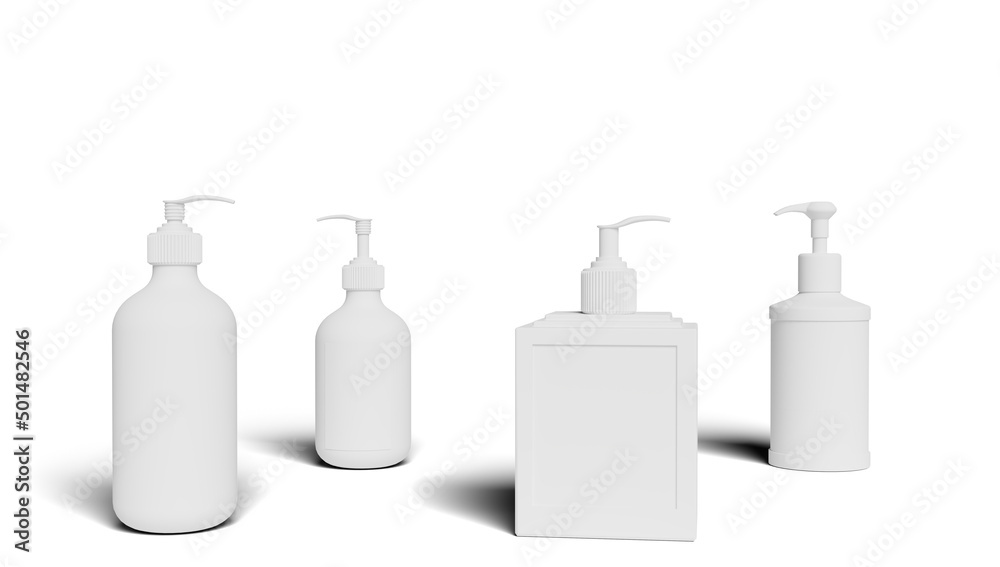 Set white cosmetic bottles packaging mockup, ready for your design, illustration. 3d rendering. Set white cosmetic bottles packaging mockup, ready for your design, illustration. 3d rendering.
