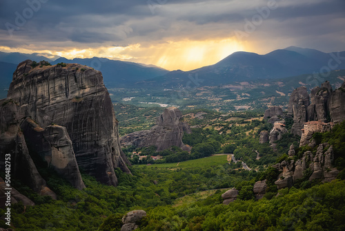 View of the rocks near the monasteries of Meteora at sunset. Greece