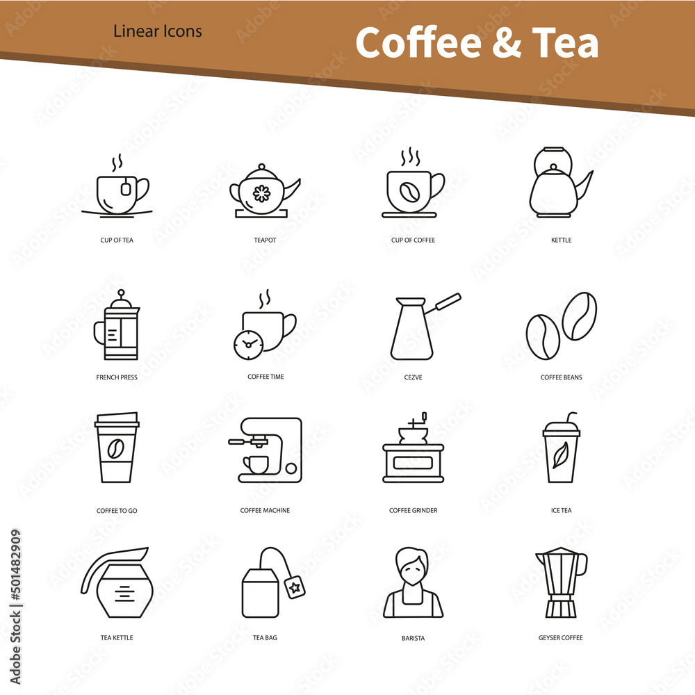 Coffee and tea vector linear icons set. Isolated outline hot beverages pictograms Coffee and tea vector linear icons set. Isolated outline hot beverages pictograms
