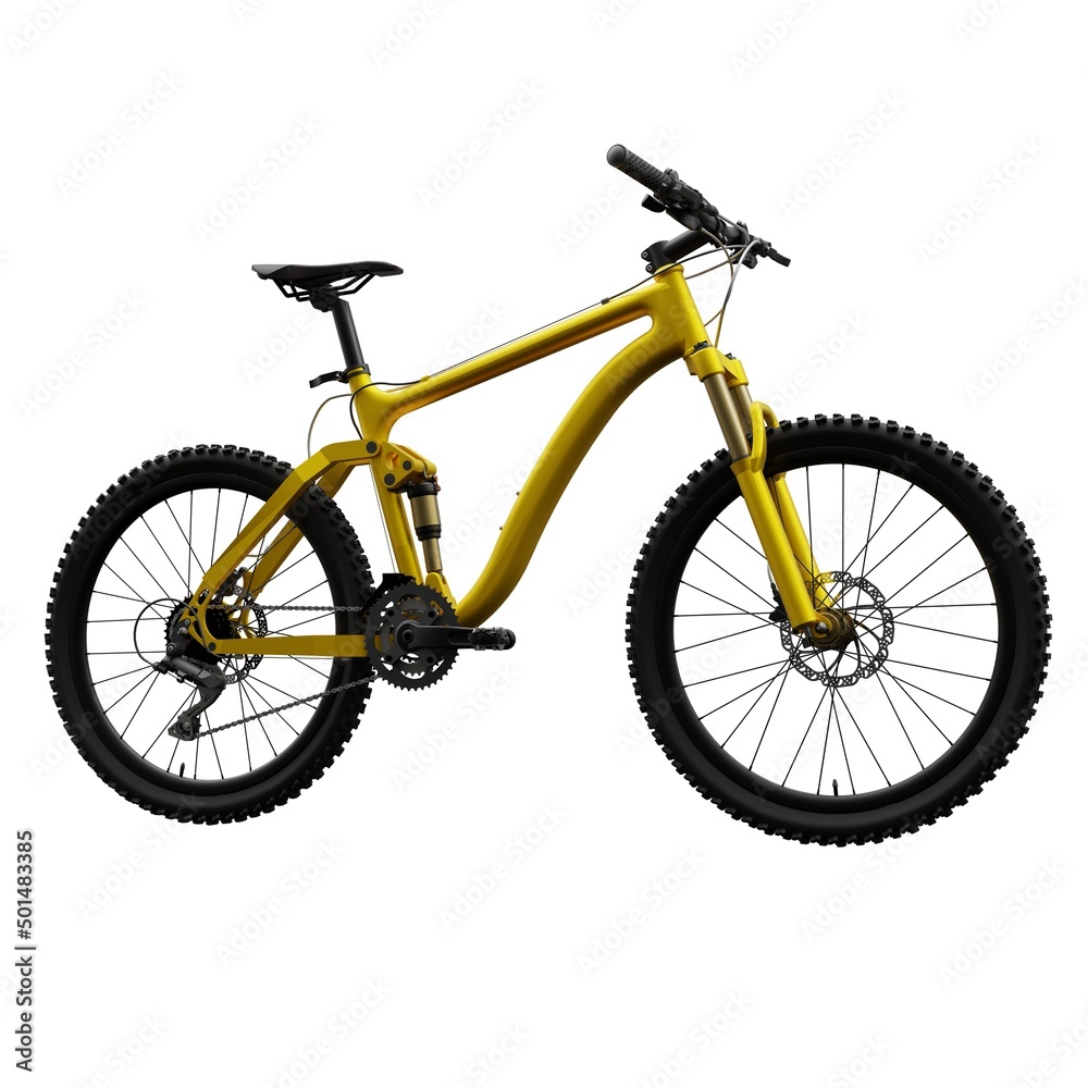 Gold mountain bike on an isolated white background. 3d rendering. Gold mountain bike on an isolated white background. 3d rendering.