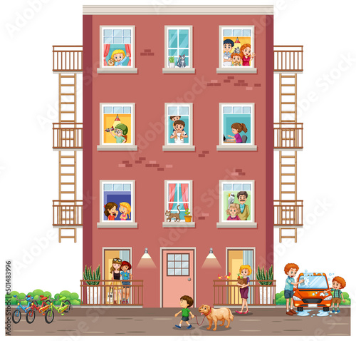 Apartment windows with neighbors cartoon character