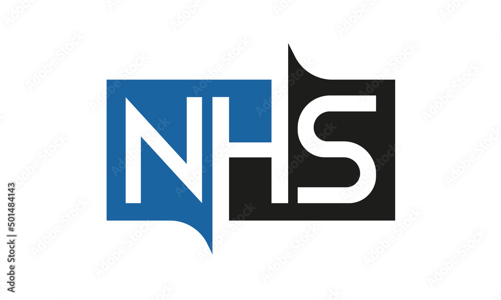 NHS Square Framed Letter Logo Design Vector with Black and Blue Colors NHS Square Framed Letter Logo Design Vector with Black and Blue Colors