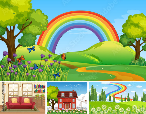Four different scenes with green fields