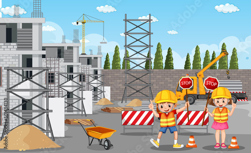 Building construction site and workers