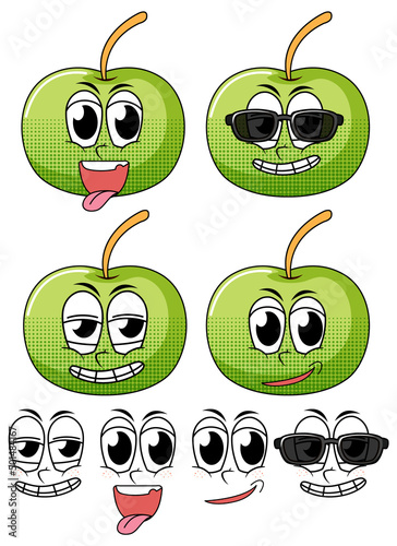 Set of facial expression vintage style cartoon with apple on white background