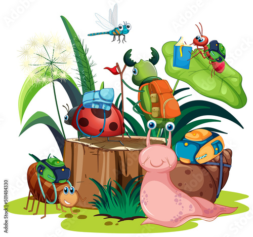 Cute snail and insects in cartoon style