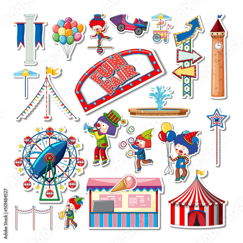 Sticker set of amusement park objects and cartoon characters