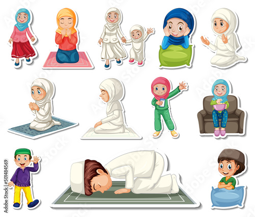Sticker set of Islamic religious symbols and cartoon characters