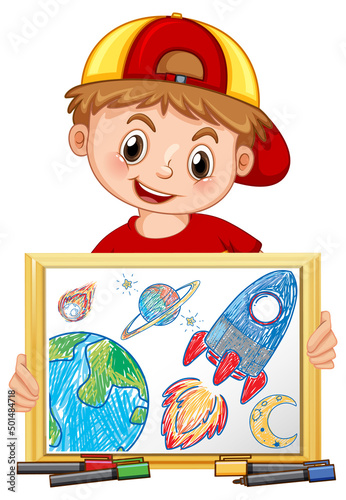 Happy boy holding his art work