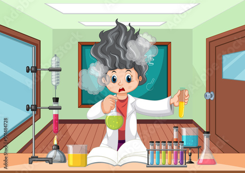 Classroom scene with scientist doing experiment
