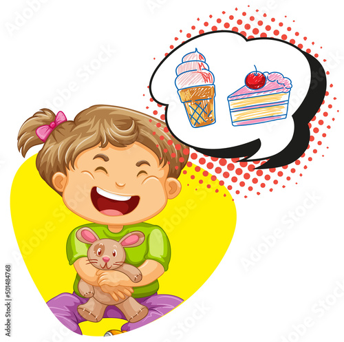 Girl thinking of icecream and cake