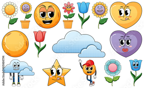 Set of facial expression with vintage style food cartoon on white background