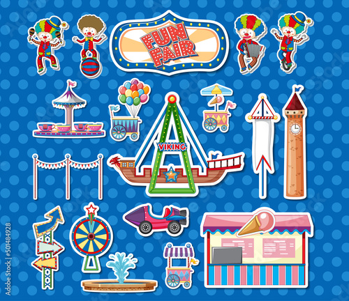 Sticker set of amusement park objects and cartoon characters
