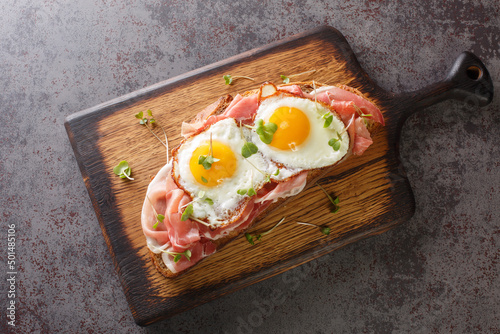 Warm tasty sandwich with dry-cured ham and fried eggs close-up on a wooden board on the table. horizontal top view from above photo