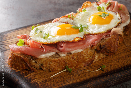 Open sandwich with cured ham and fried eggs close-up on the wooden board on the table. Horizontal