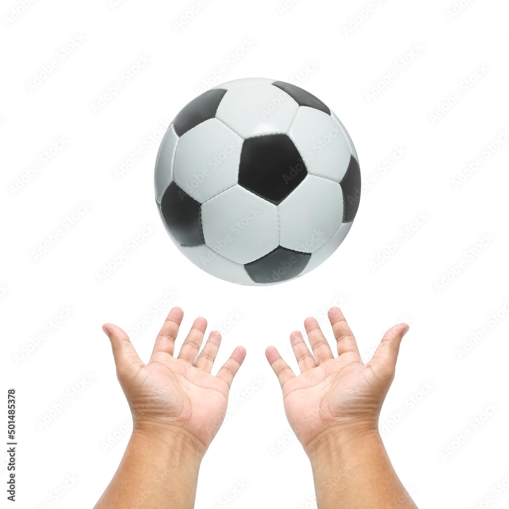 Hand holding football ball on white background