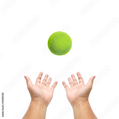 Fotografiet Hand holding tennis ball on white background