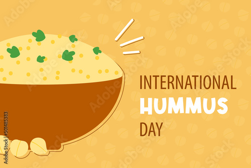 International Hummus Day vector greeting card, illustration with cartoon style bowl of hummus and chickpeas. May 13.
