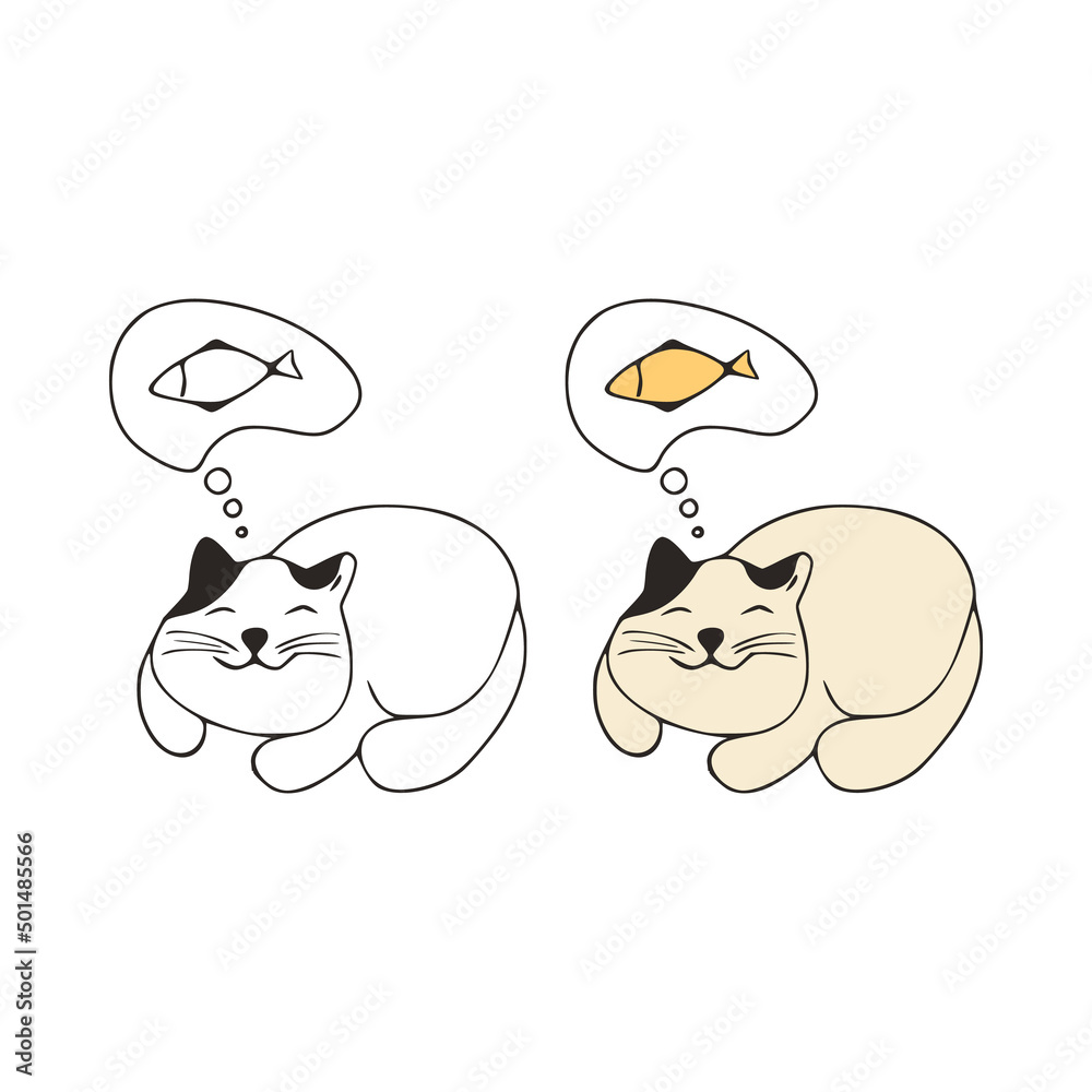 Funny cat dreams of fish doodle icon. Cute pets vector art on white background. Funny cat dreams of fish doodle icon. Cute pets vector art on white background.
