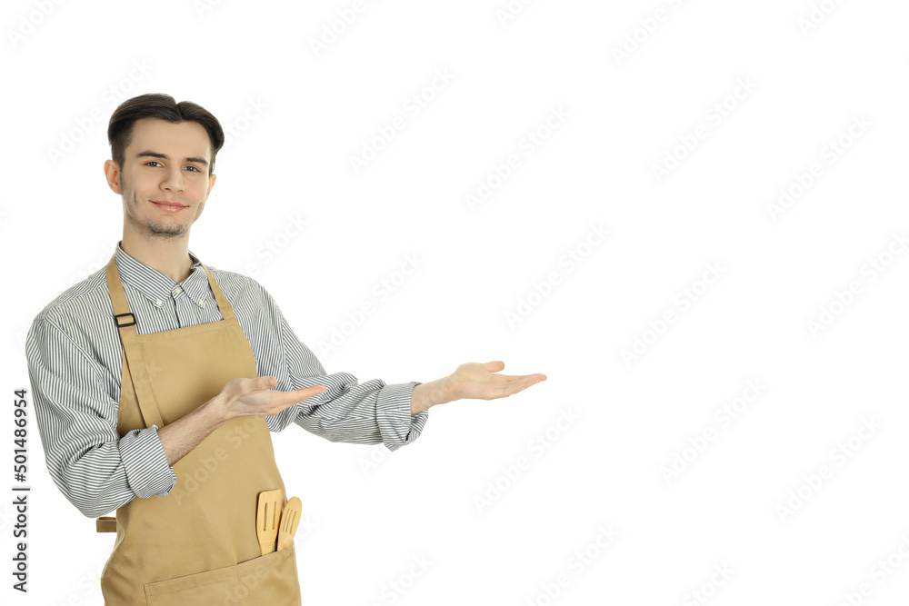Concept of cooking with young attractive man isolated on white background Concept of cooking with young attractive man isolated on white background