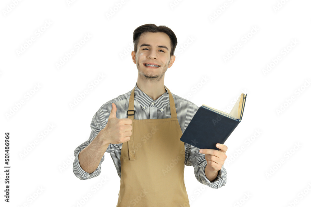 Concept of cooking with young attractive man isolated on white background Concept of cooking with young attractive man isolated on white background