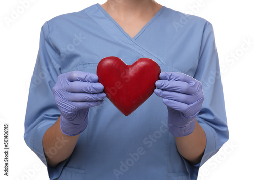 Fototapeta Naklejka Na Ścianę i Meble -  Doctor holding red heart on white background, closeup. Cardiology concept