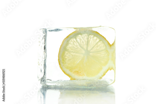 Ice with lemon isolated on white background