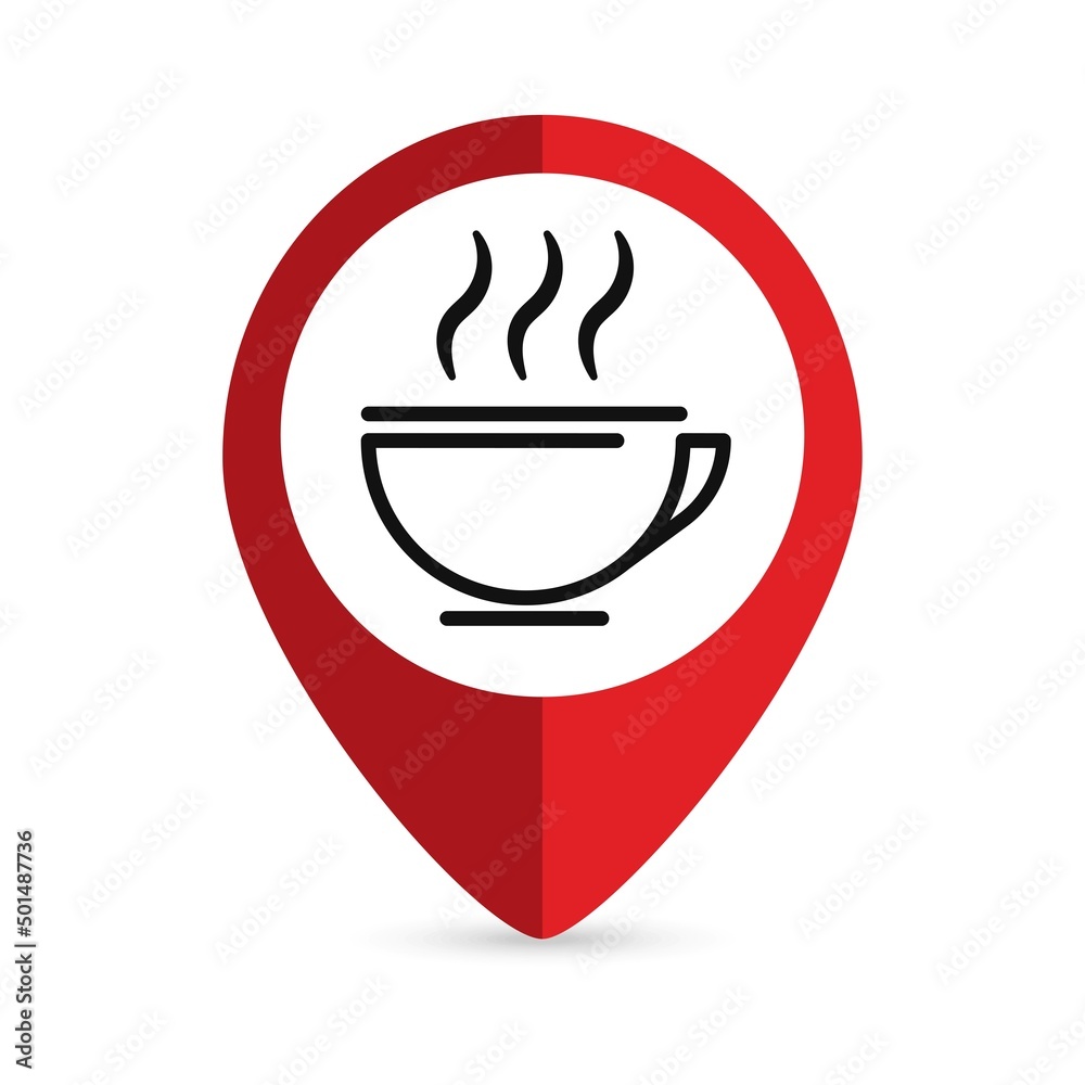Red pin location with coffee or tea cup icon inside. Vector illustration. Red pin location with coffee or tea cup icon inside. Vector illustration.