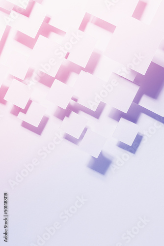 Delicate romantic shining gradient very peri and pink abstract geometric background with fly rhombuses in bright light with soft shadows, top view, border, copy space. Gentle mosaic pattern.