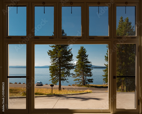 Beautiful view of a lake from the Yellowstone hotel lobby's window